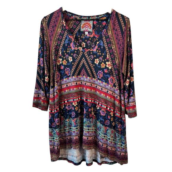 Johnny Was Womens Top Medium Cruz V Neck Swing Tunic Mixed Print Bamboo - Picture 2 of 11